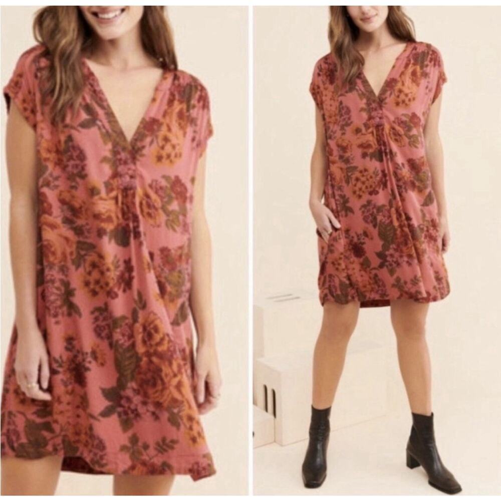 Anthropologie Kimber Floral Tunic Shift Dress XS Pink Brown V-Neck Boho Cottage